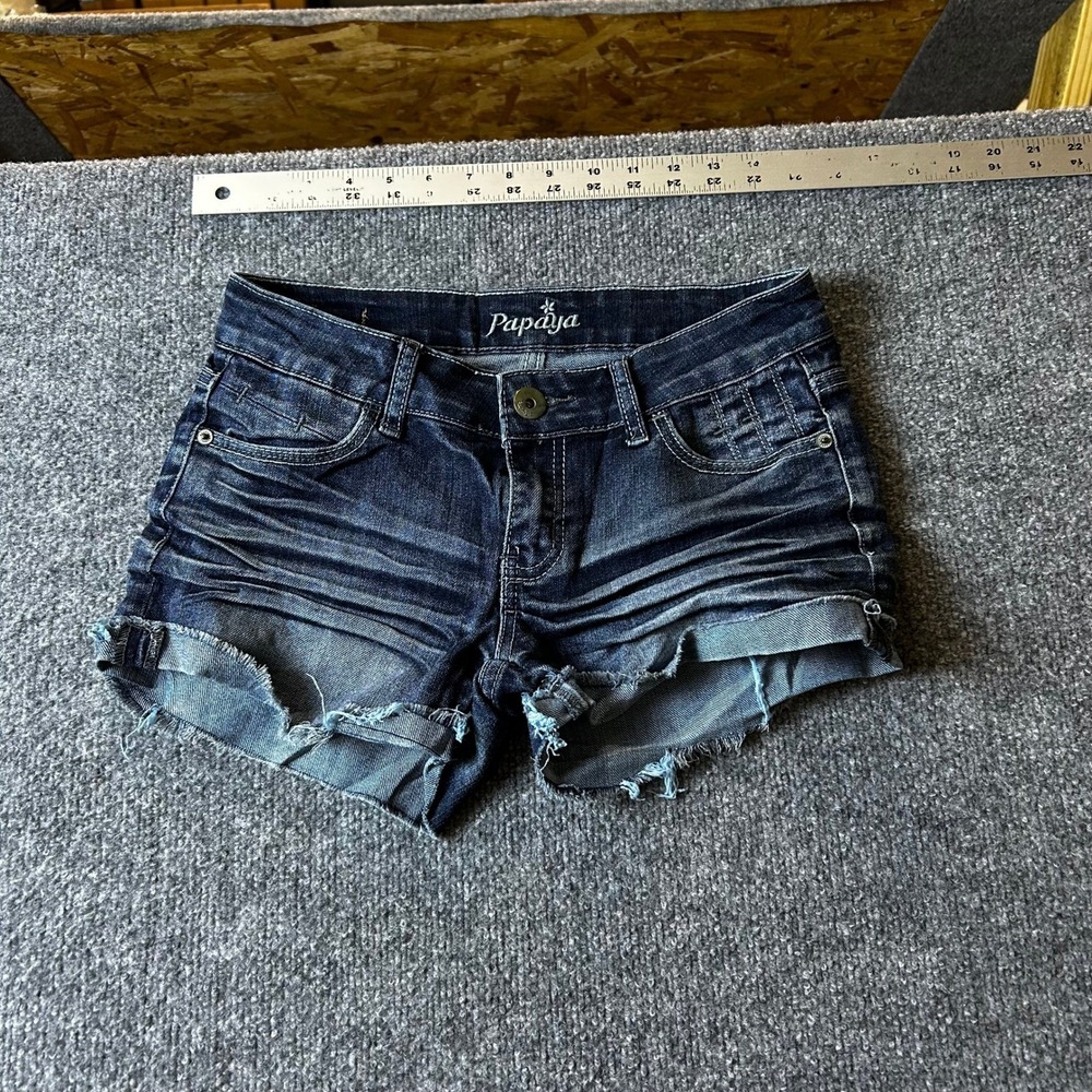 Papaya Denim Shorts Womens Size S Dark Wash Raw Hem Whiskered Low Rise